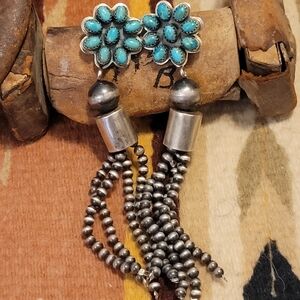 Turquoise Flower Cluster Tassel Earrings - Silver Bead Dangles